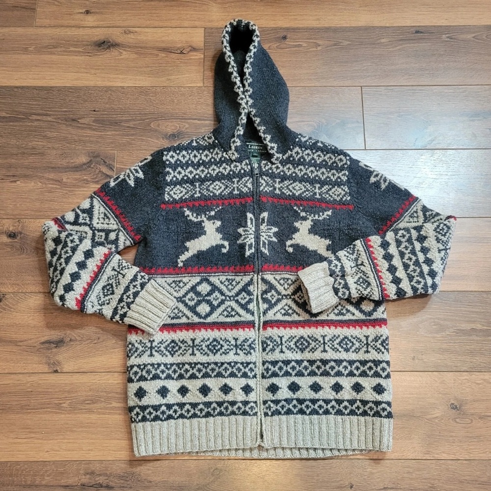 Polo Ralph Lauren Womens Xl Lambswool Zip Up Hooded Deer Nordic Sweater LRL